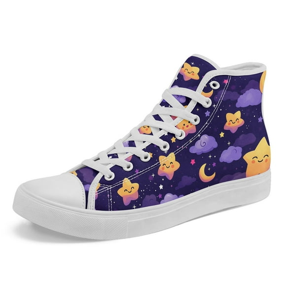 Coolcustomize Men's High-top Casual Shoes with Star, Moon & Cloud Design - Purple/White (Multi-Color Options) - Lace-Up Ankle, Cushioned Rubber Sole, Fabric Upper Sneakers for Outdoor, Casual Attire