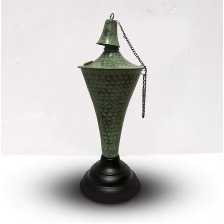 Legends Direct Premium Oahu Metal Tabletop Torches, Tall- Tiki Style /w Snuffer, Fiberglass Wick & Large 35oz Oil Lamp, Stylish Luau Flame Torches (Hammered Patina)