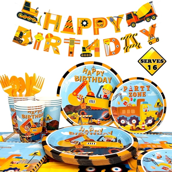 Construction Party Supplies Tableware Set,128 pcs Construction Birthday Party Plates Cups Napkins Tablecloth etc Construction Party Tableware for Truck Excavator Construction Theme Party,Serves 16