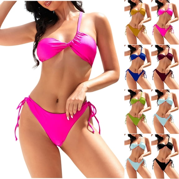 UTSJKR Women Two Piece Swimsuit Sexy Swimwear One Shoulder Twisted Ruched High Cut Bandeau Bikini Set Halter String Triangle Bikini Sets Black M