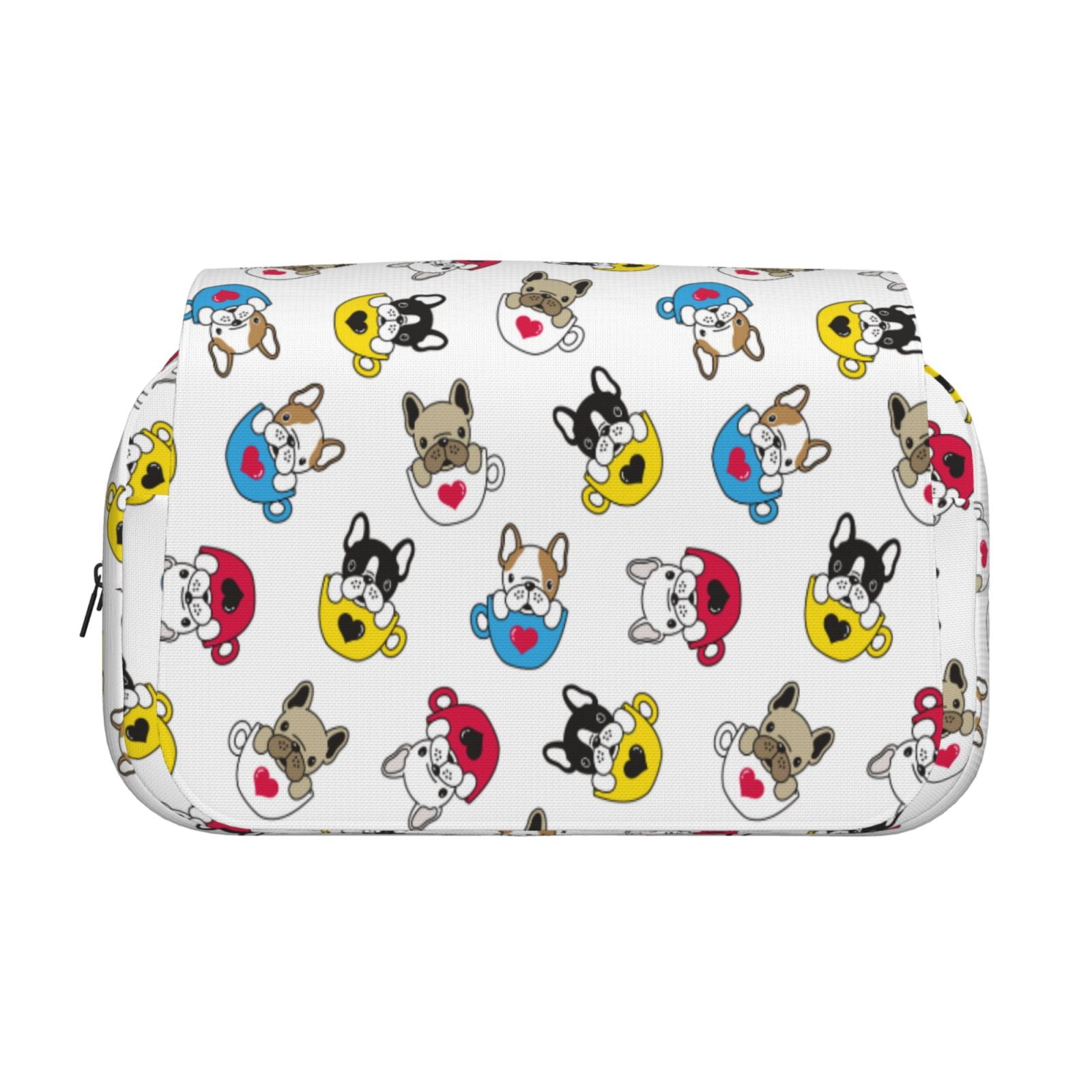 Rateoe French Bulldog With Coffee Cup Pattern Double Clamshell Pen Case, Storage Organizer with Two Zipper Compartments– Holds Up to 50 Pencils & Pens
