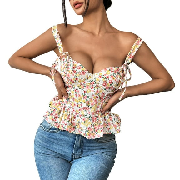 Women's Ditsy Floral Camisole Vintage Print Shirt Plunge V Neck Tank Tops Fishbone Waist Cami Ruffle Pleated Top Bow Knot Sleeveless Summer Babydoll Shirt