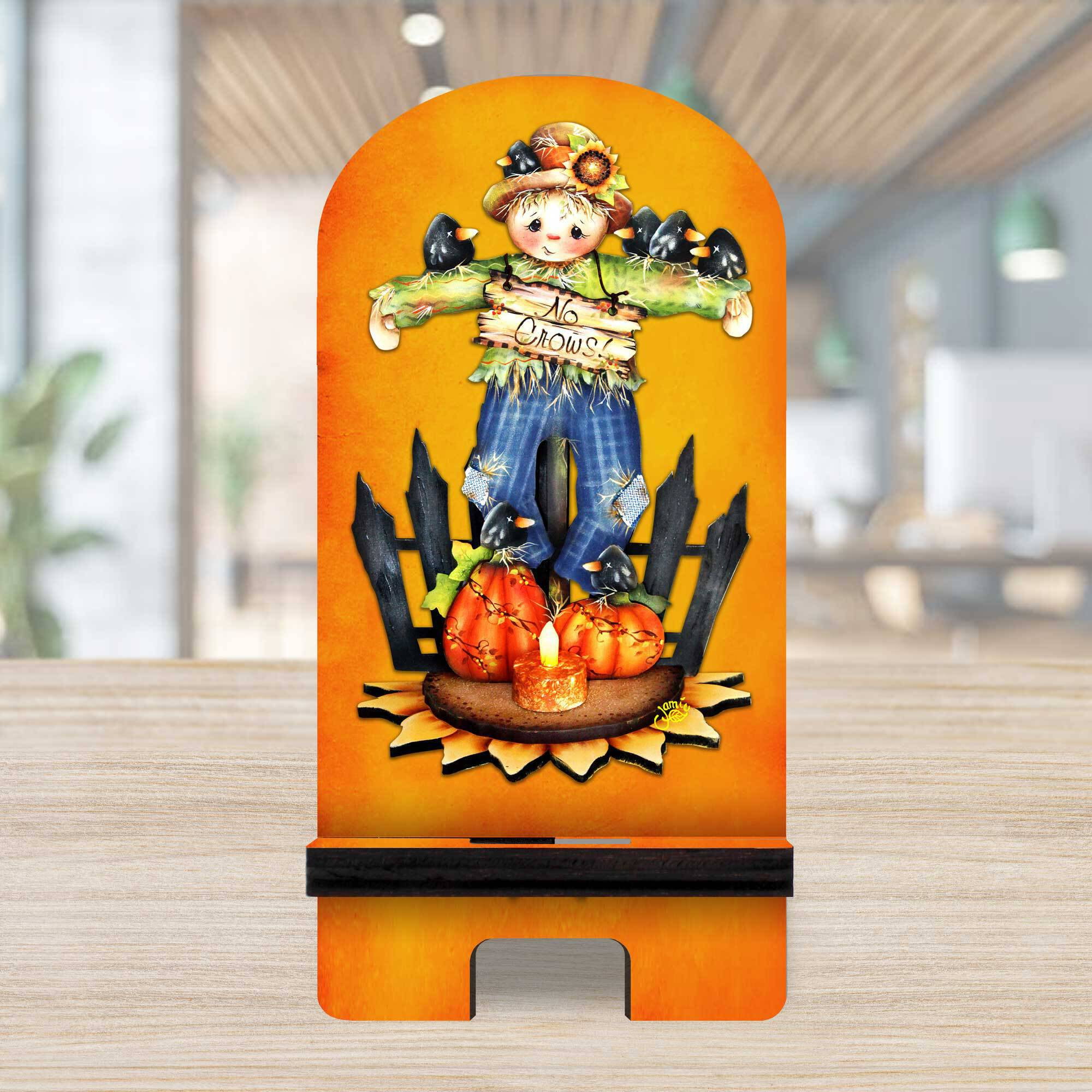 Designocracy 892037-MP 6 x 3 x 3 in. No Crows Cell Phone Stand Halloween Decor with Wood Mobile Holder Organizer