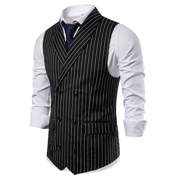 WIZUTIZ Men's Formal Vest Striped Print Turndown Collar Double Breasted Sleeveless Breathable Lightweight Summer Wedding Casual Waistcoat