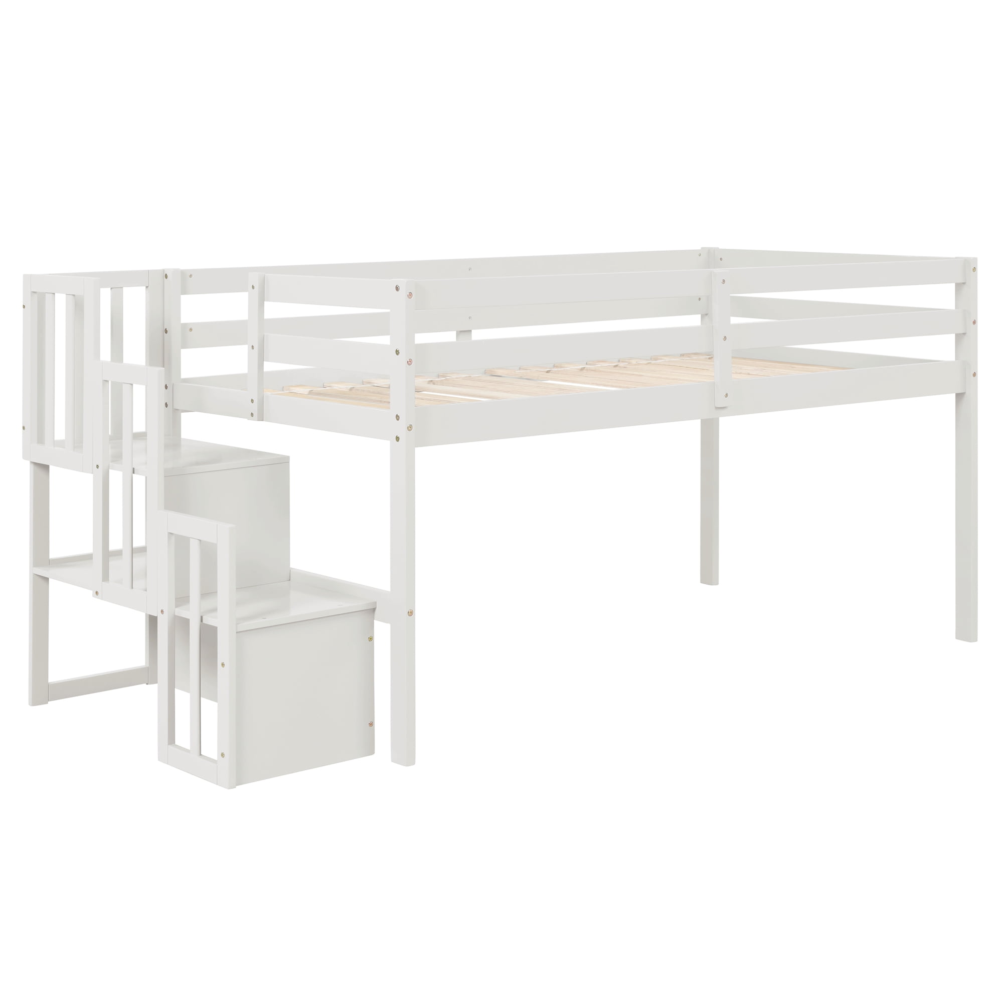 Gewnee Wood Twin Low Loft Bed with Storage Staircase and Safety Guardrails for Kids,White