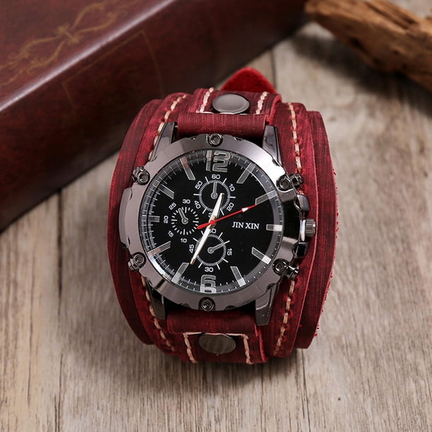 Retro Punk Men Wristwatch Male Watch Bracelet Adjustable Leather Strap for Men Colleagues , rojo Salvador Reloj de pulsera
