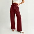 thumbnail image 2 of VEKDONE Drawstring Straight Trousers for Women Elastic High Waisted Wide Leg Pant with Pockets Summer Casual Loose Fit Long Pants Lounge Slacks Wine XL, 2 of 6