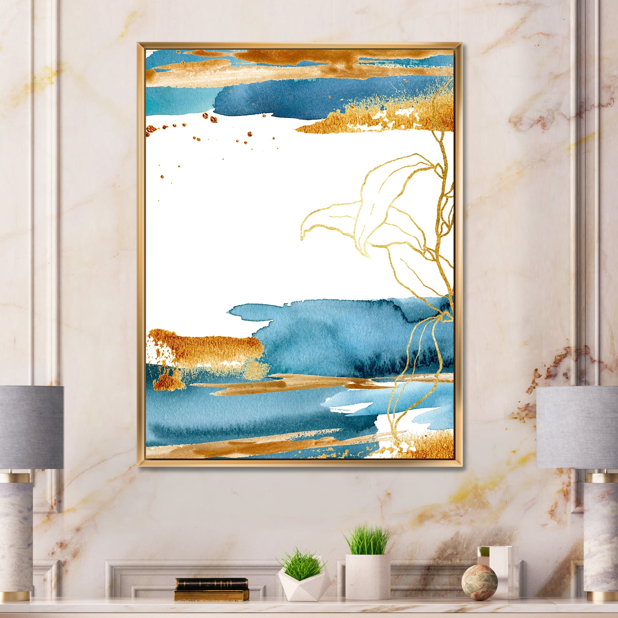 Abstract Golden Laminaria Branch & Leaves 30 in x 40 in Framed Painting Canvas Art Print, by Designart
