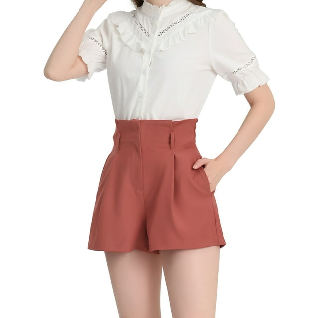 Unique Bargains Short Taille Haute à Nœud Papillon Style Paper Bag pour Femme, Rouge, Taille M