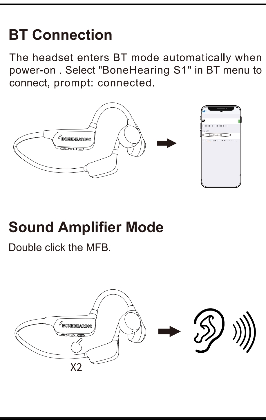 Bone Conduction Hearing and BT Headphones, Open Ear, Built-in microphone, Hearing Assistance, Bluetooth