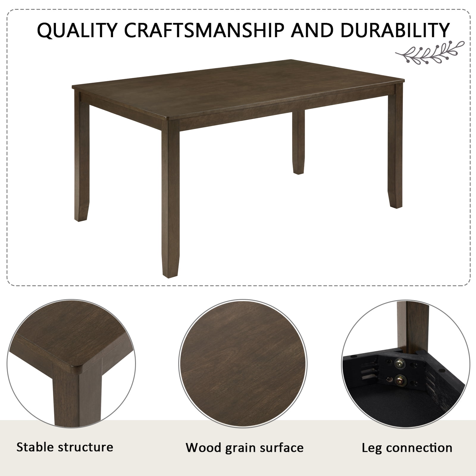 Gewnee Dining Set for 6,Farmhouse 6 Piece Dining Table Sets with Bench,Rectangle Wood Kitchen Table and 4 Upholstered Chairs.Dark walnut