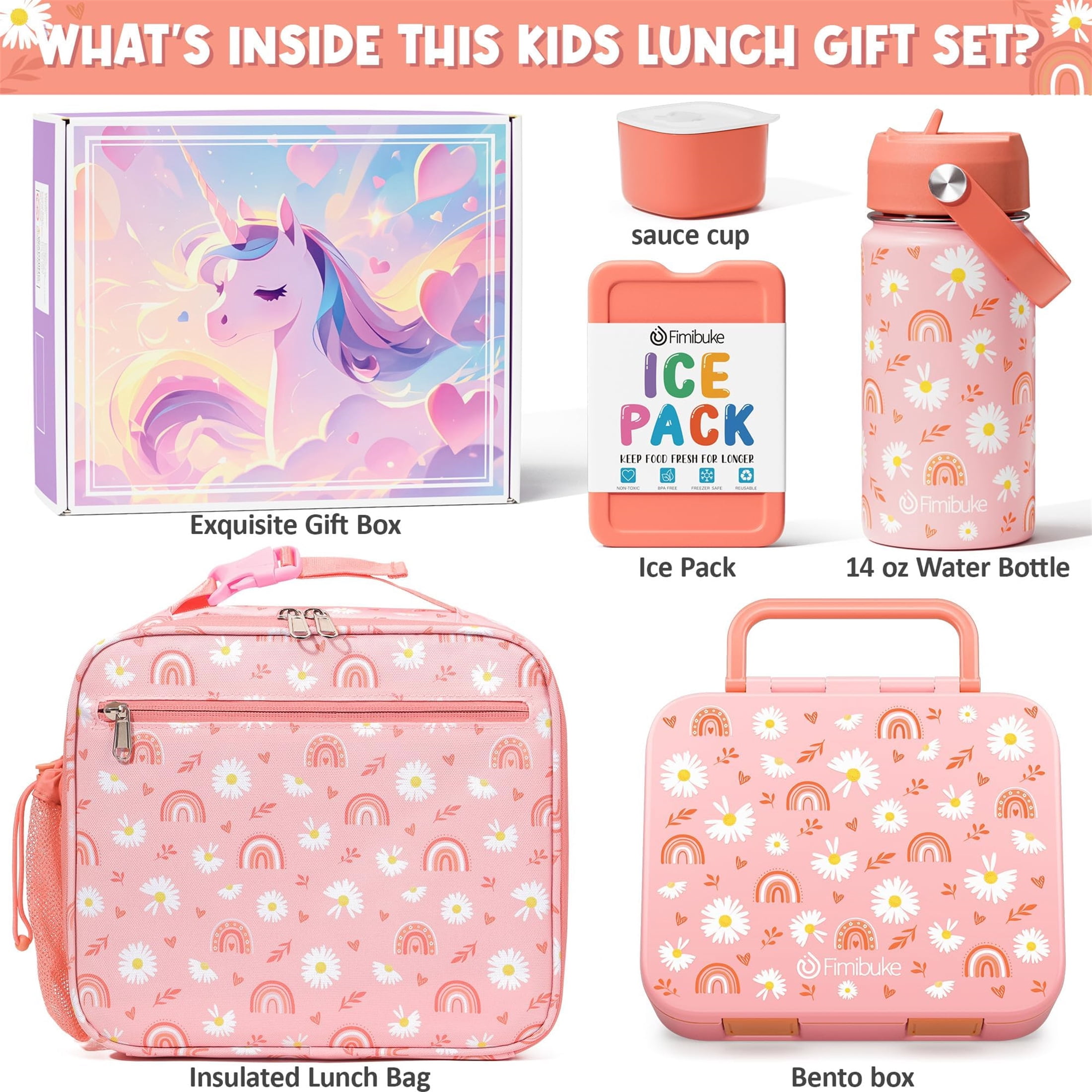 Bento Lunch Box Set - Snack Bento Box Container with 3 Compartments, Stainless Steel Water Bottle, Insulated Lunch Bag, Sauce Cup, Ice Pack Set (Rainbow & Daisy)