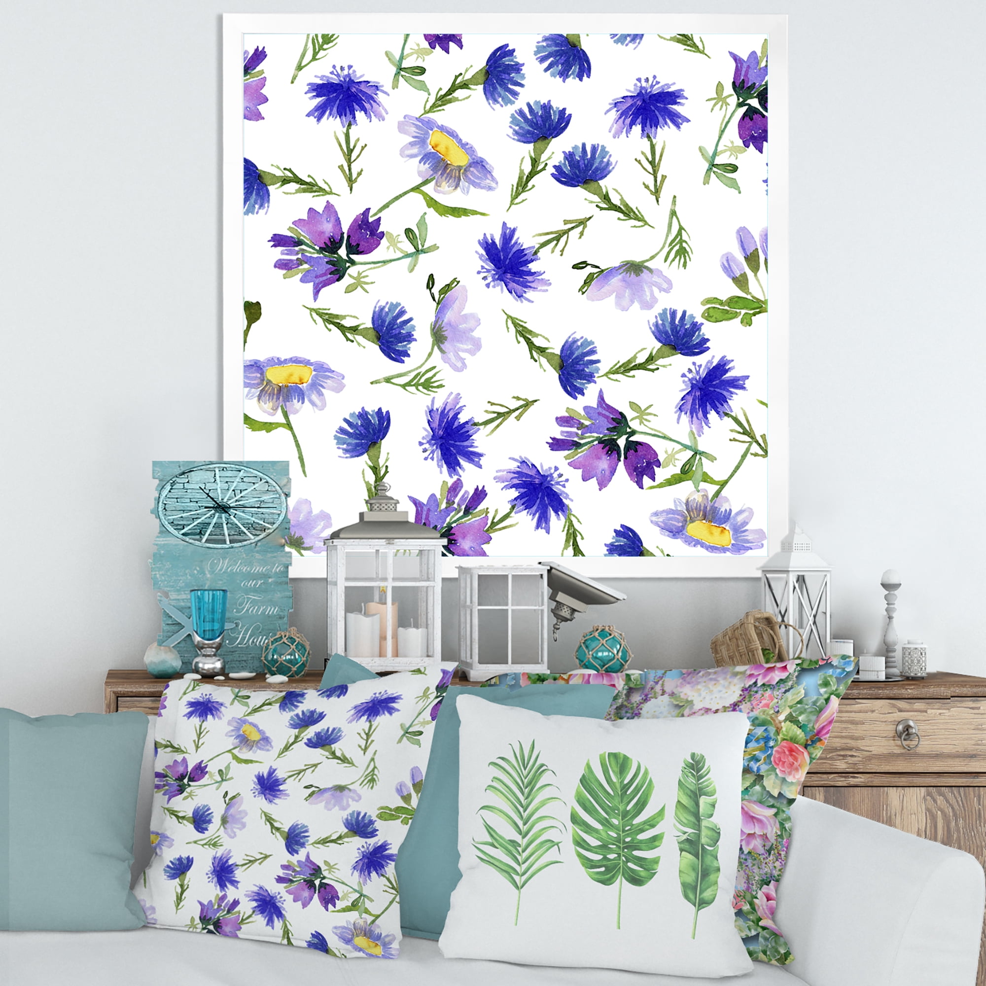 Designart 'Blue Wildflowers With Leaves III' Traditional Framed Art Print