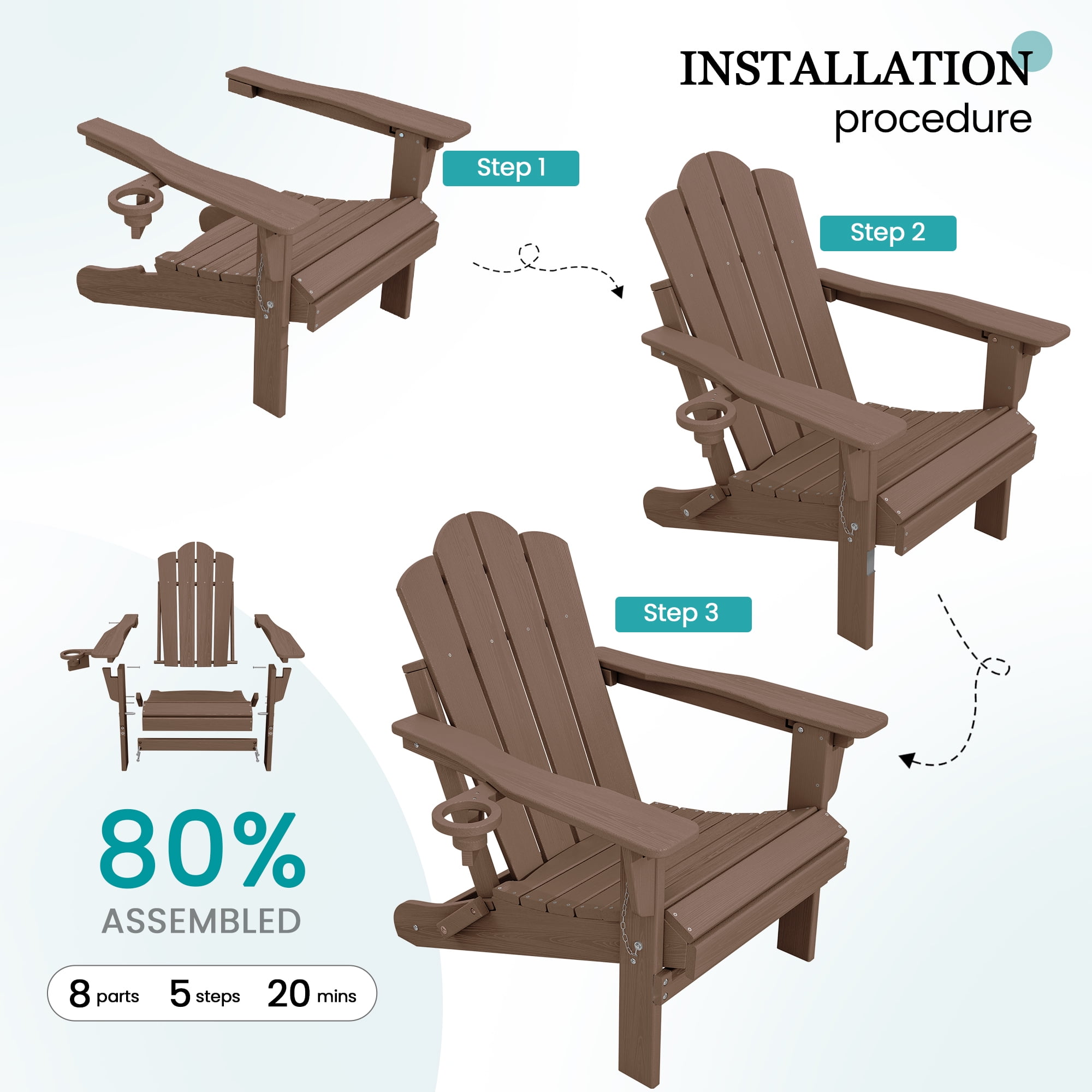 KINGYES Folding Adjustable Adirondack Chairs Set of 4, All Weather Use Reclining Adirondack Chair, HDPE Adirondack Outdoor Chair - Brown