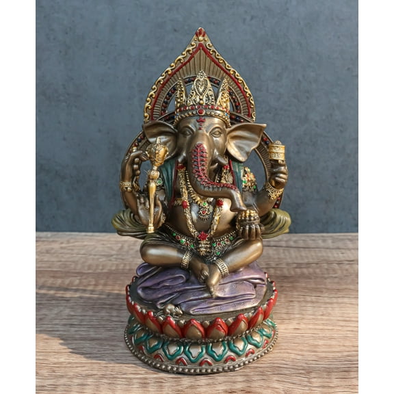 Ebros 8" Tall Hindu Elephant God Ganesha Sitting On Giant Lotus Throne Figurine