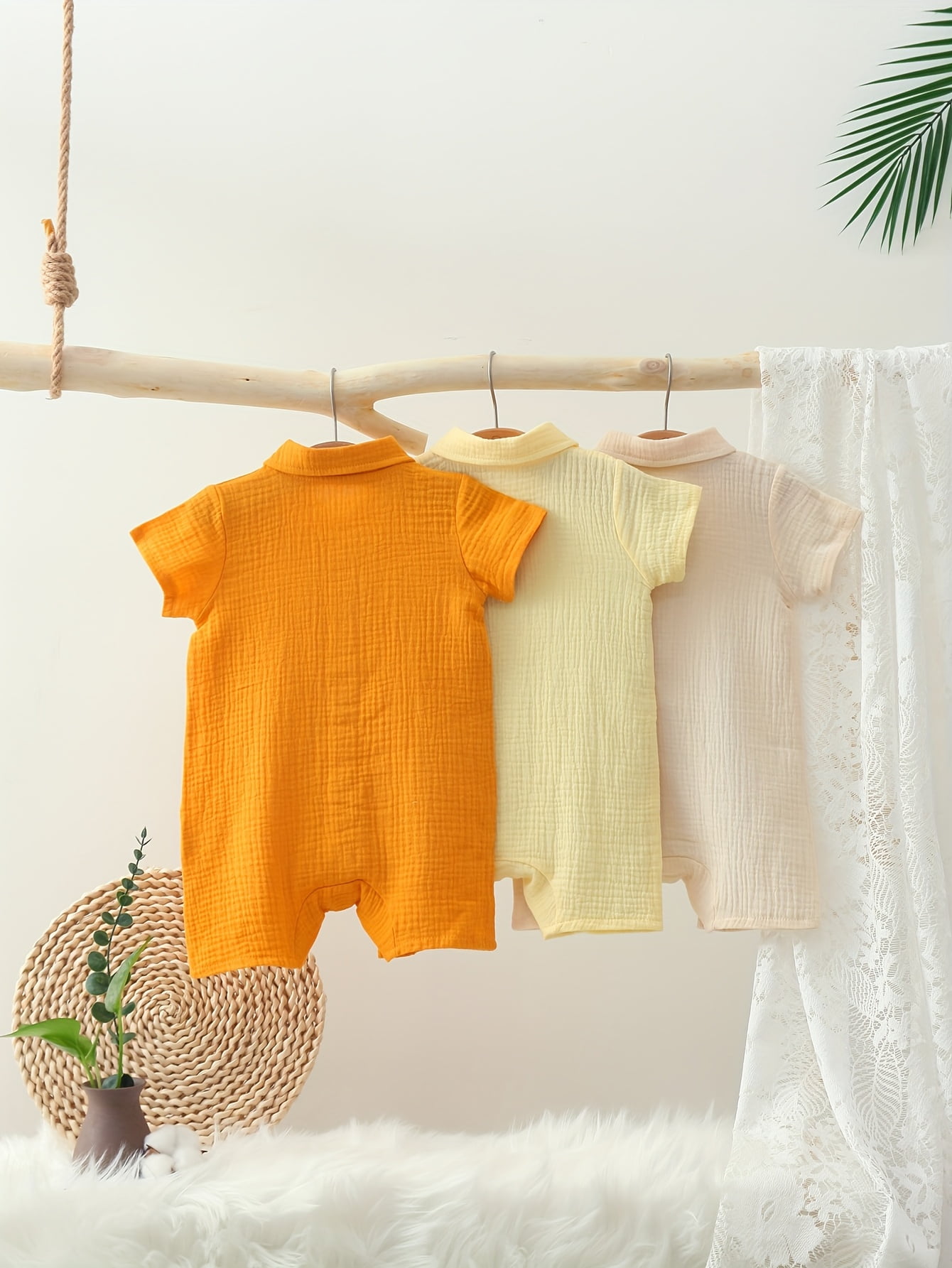 3pcs Baby Comfortable Breathable Muslin Onesie - Casual Solid Color, Short Sleeve Small Turnover Collar, Easy-Care Summer Romper, Unisex Clothing, Suitable for Outdoor Wear, Perfect for Outdoor