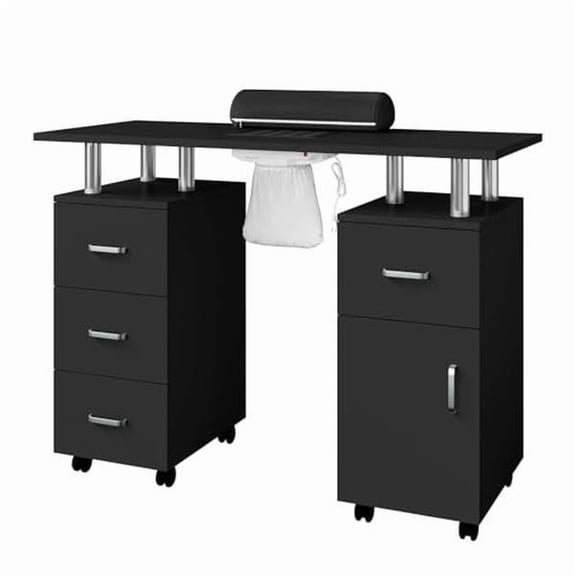 Black 42 Inch Nail Manicure Table with Dust Collector, Lockable Wheel Beauty Desk with Drawer Arm Rest Acetone Resistant Countertop