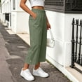 thumbnail image 4 of TEAJOPSUU Women's Cotton Blend Capri Pants Drawstring Elastic Waist Cropped Wide Leg Pants Decorative Side Buttons for Casual Everyday Loungewear Olive Green, 4 of 7