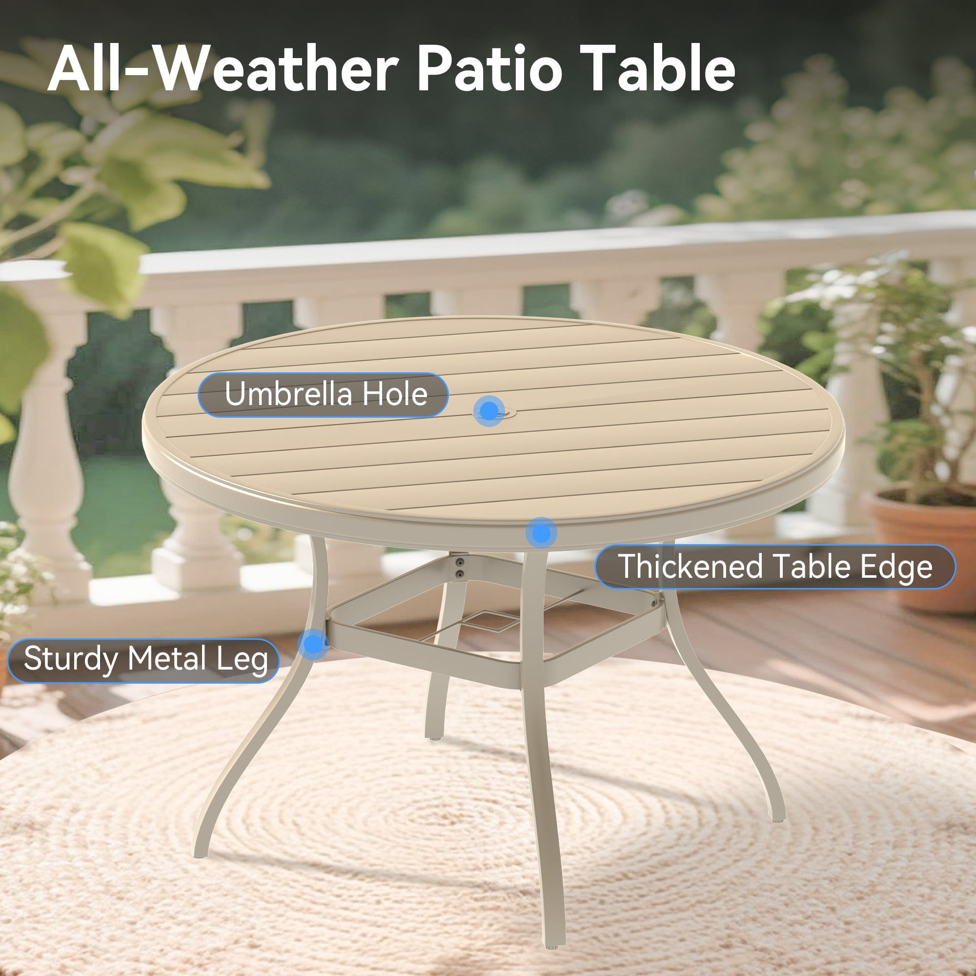 Outdoor Round Patio Dining Table for 4-6, All Weather Metal Dining Table with Umbrella Hole for Deck Lawn Garden Backyard, Sandstone Color