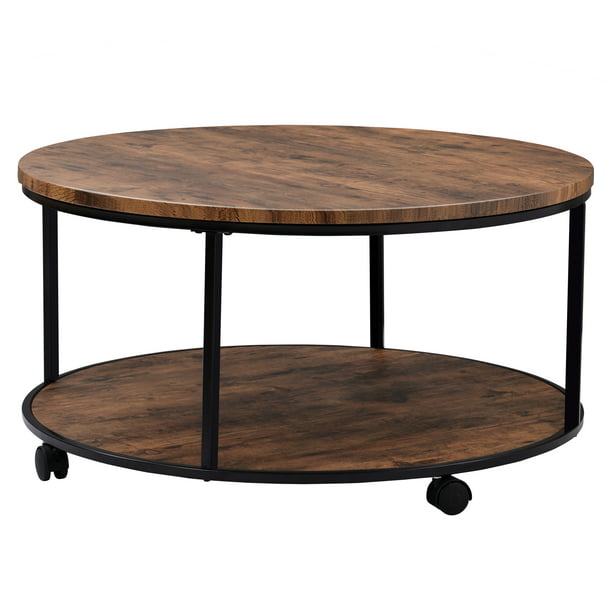 Round Coffee Table With Caster Wheels, Distressed Brown Coffee Table Set