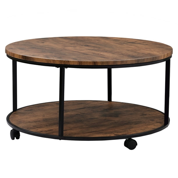 Round Coffee Table With Caster Wheels And Wood Textured Surface For Living Room 35 5 Distressed Brown Com Round Coffee Table With Caster Wheels, Distressed Brown Coffee Table Set
