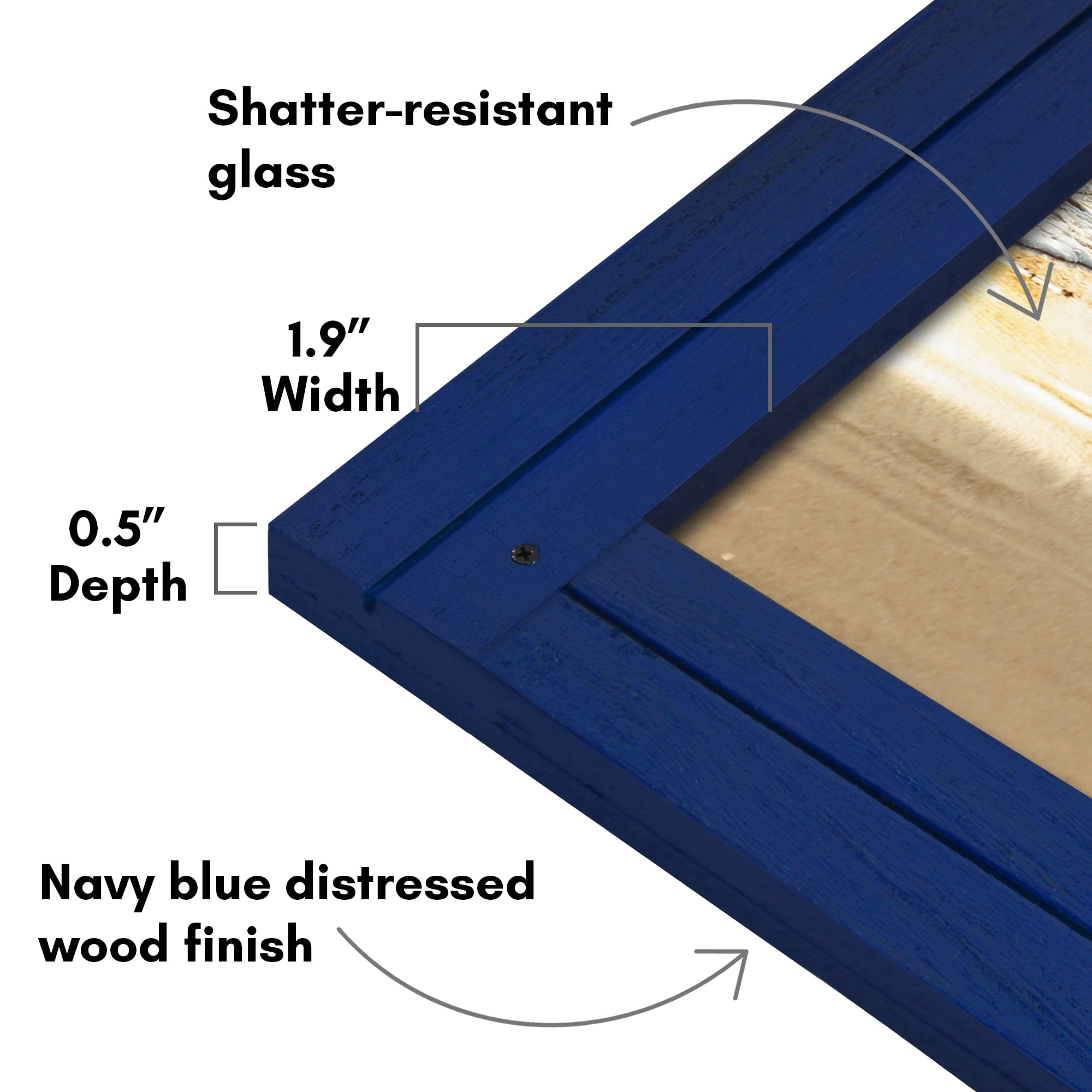 Americanflat 11x14 Picture Frame Polished Crystal Clear Glass Hampton Collection Distressed Frames - Navy Blue