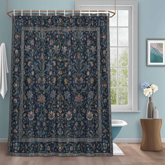 Dense Floral Fields Shower Curtain with Hooks, Rustic Navy Blue Blossom Vines Floral Borders Water Repellent Shower Curtains for Bathroom Decor Sturdy Shower Curtain, Machine Washable 60x72 Inch