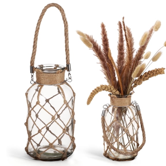 Glass Vases Home Decor, Rustic Vases with Handle, Set of 2, Farmhouse Style Glass Vases, Hanging and Table Display, Weddings and Events Decoration