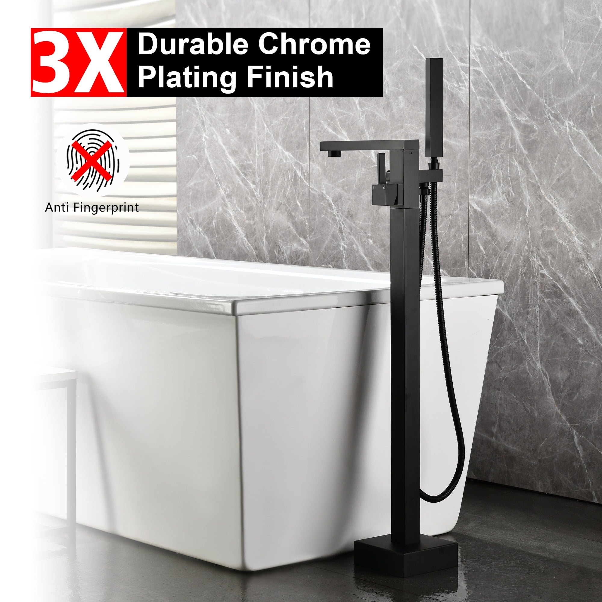 SUMERAIN Floor Mount Bathtub Filler Faucet with Hand Shower, Matte Black High Flow Freestanding Bathroom Tub Faucet with 360-degree Swivel Spout