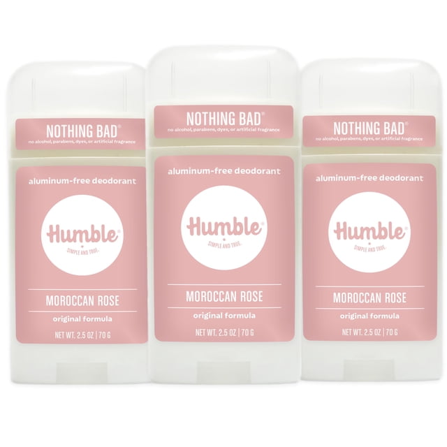 Desodorante sin aluminio de fórmula original de Humble Brands. Control de olores de larga duración con bicarbonato de sodio y aceites esenciales de rosa marroquí, 2.5 oz, paquete de 3
