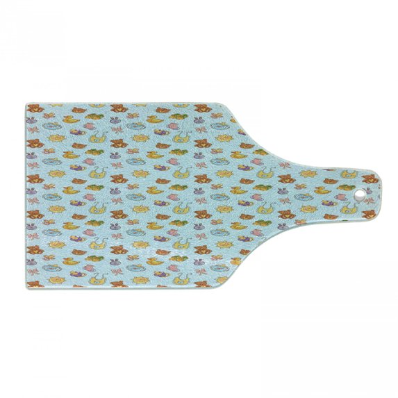 Cartoon Cutting Board, Sun Teddy Bear Ribbon Feeder Pacifier Chick Kitty Cat Design, Decorative Tempered Glass Cutting and Serving Board, Wine Bottle Shape, Pale Blue Cinnamon, by Ambesonne