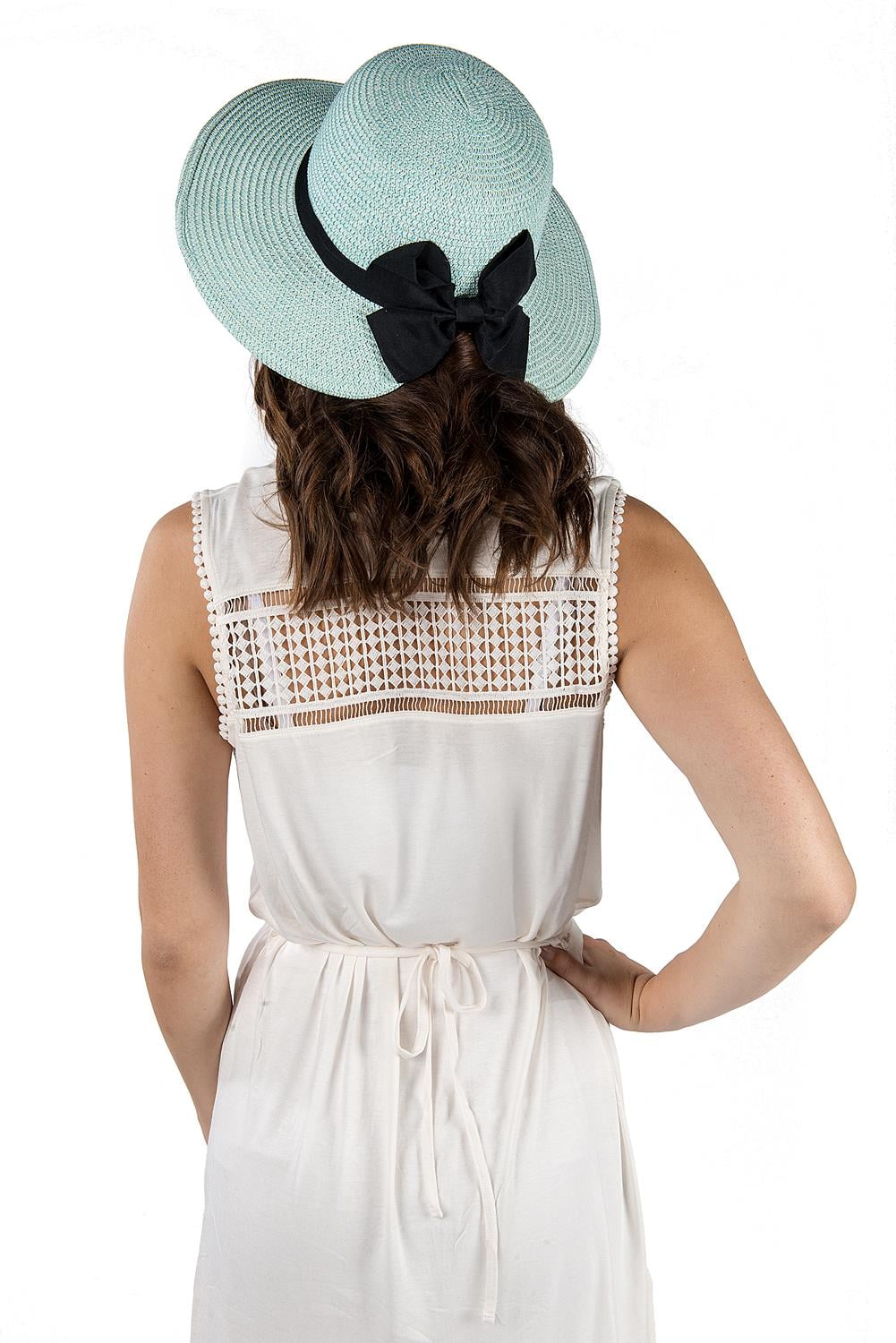Women’s Summer Beach Essentials Set – Aqua Green Packable Wide Brim Straw Sun Hat with Ribbon Bow & Aqua Green Waterproof Phone Pouch with Lanyard