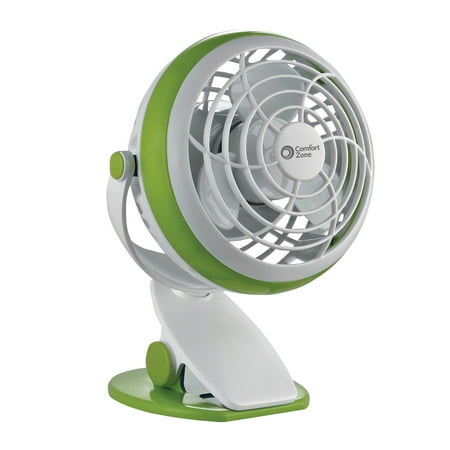 UPC: 0070792003374 | Comfort Zone 4” USB or Battery Powered Dual Base Combo Clip-on or Desk Fan  Single Speed Setting  Adjustable Tilt  Lightweight  Green