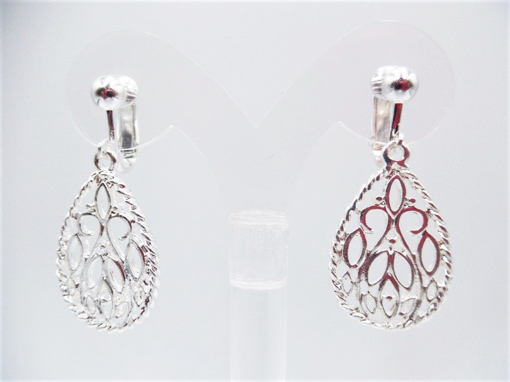 Clip on 1 3/4" silver teardrop cutout dangle earrings