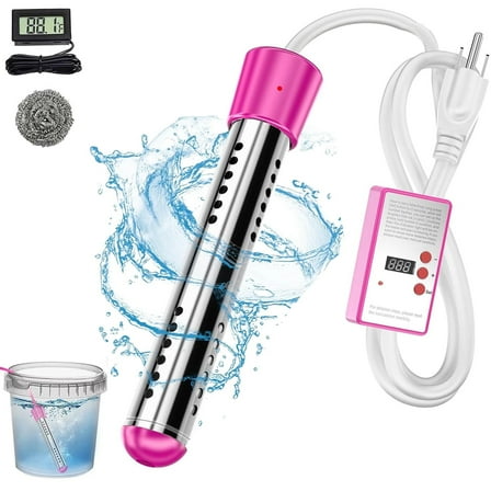 DICEEVIL Immersion Water Heater, 2000W Portable Bucket Heater with Timer Digital Thermometer Stainless-Steel Portable Submersible Water Heater for Inflatable Pool Bathtub, Basin, Pink