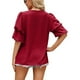 thumbnail image 4 of Blusa de manga corta con volantes para mujer, cuello en V, manga abombada, blusa lisa, Tops holgados para citas en el trabajo, rojo vino L, 4 of 6
