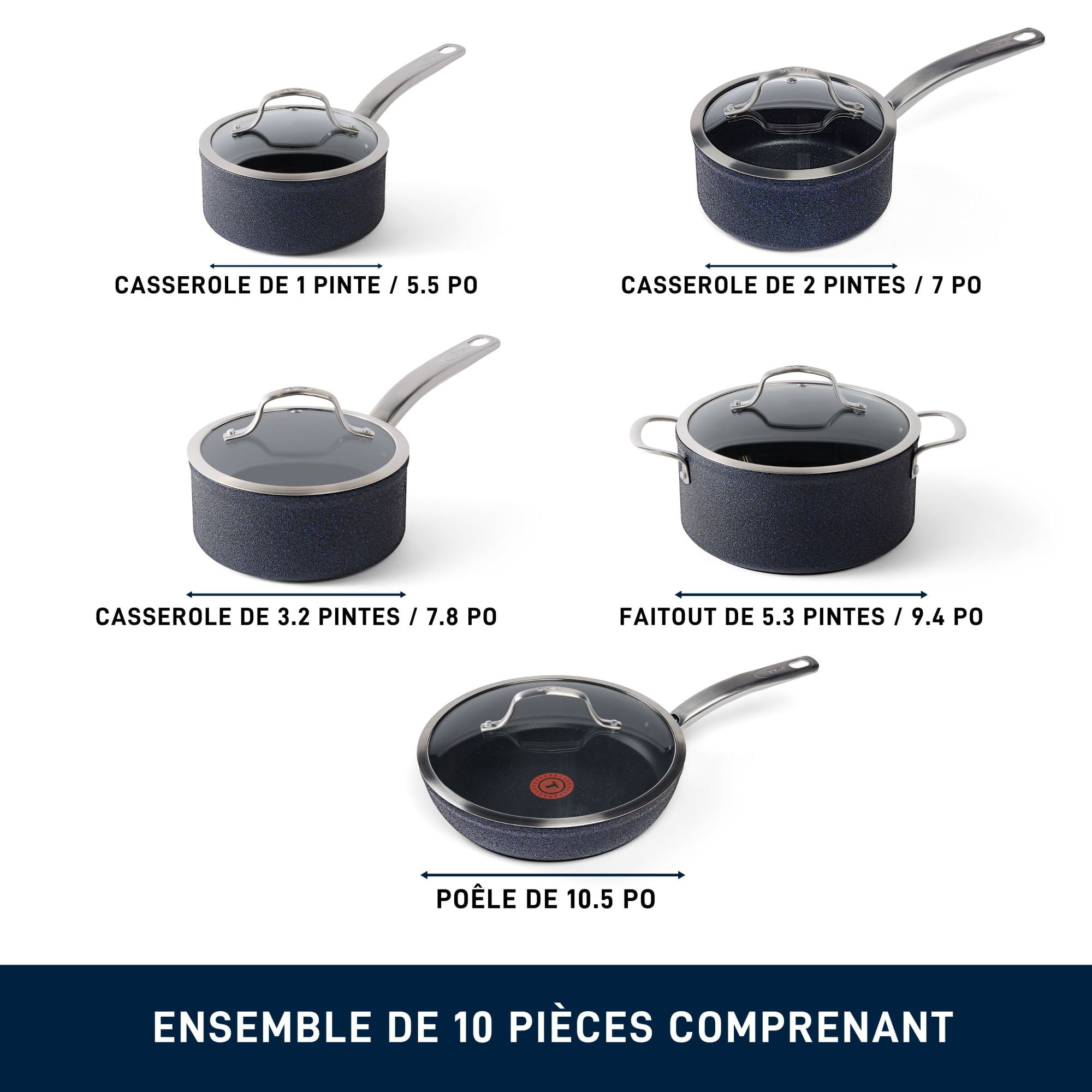 T-fal Stone Shield 10-piece Cookware set with DefenseShield™ Technology, 6-multilayer construction, robust stone texture, dishwasher and oven-safe