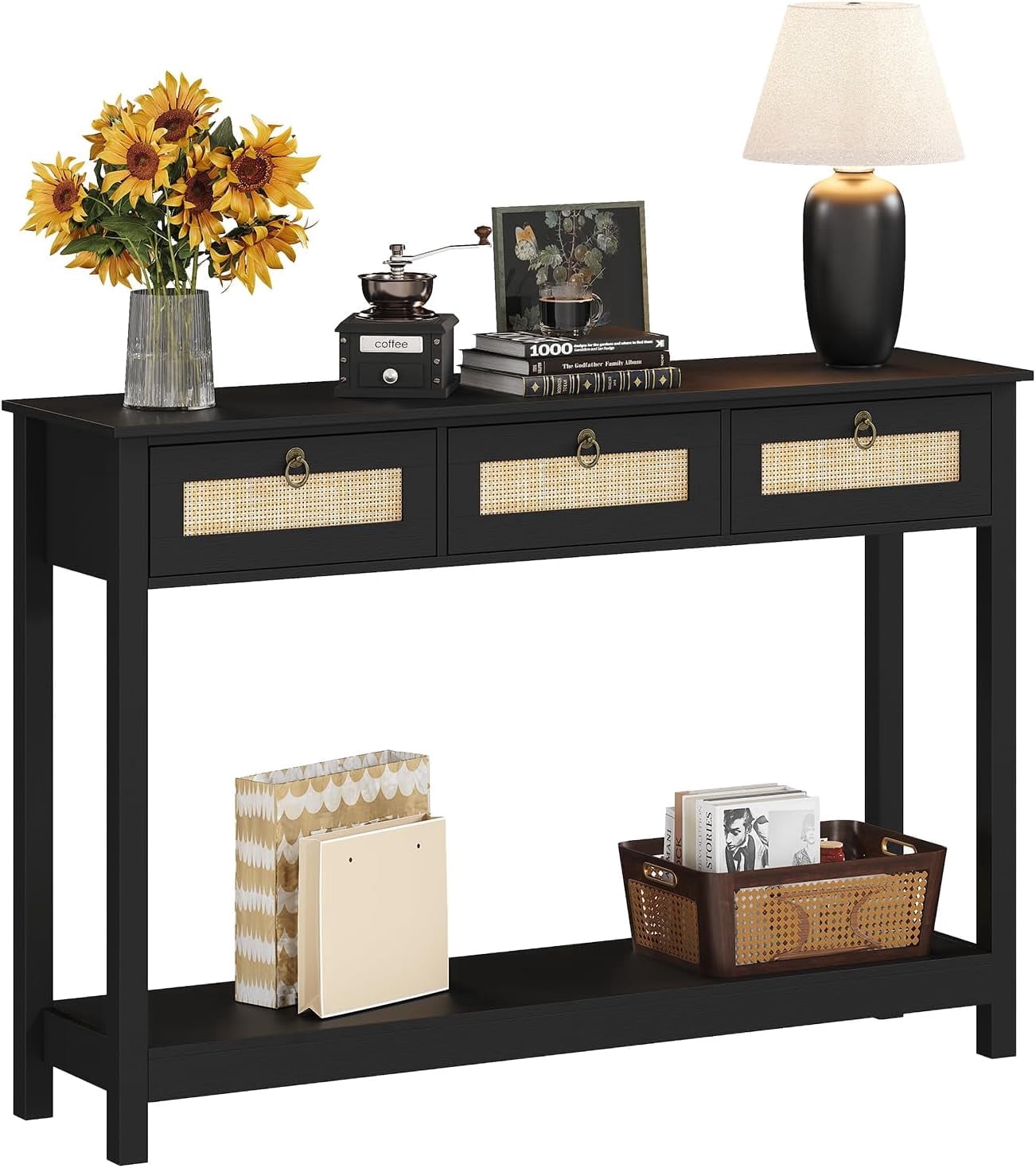 LAZZO 47" Boho Rattan Console Table, Narrow Entryway Table with 3 Drawers & Open Shelf, Balck
