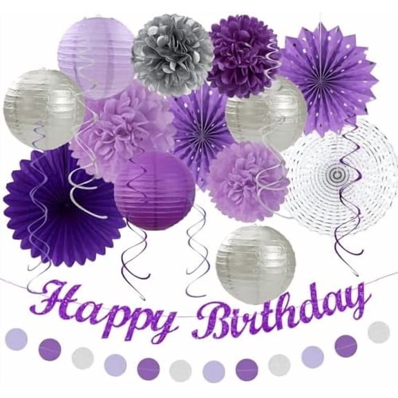 Purple Lilac-Lavender Silver Women Birthday Party-Decorations - 21pc Happy Banner,Paper Lanterns Streamers,Tissue Pom Poms Honeycomb Flower Fan, Girls Hanging Decor Supplies Garland Backdrop