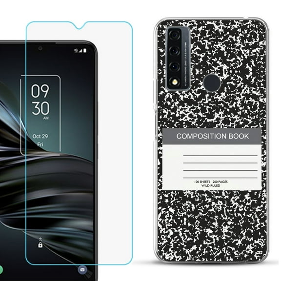 Slim-Fit Fashion Phone Case for TCL 20 XE, with Tempered Glass Screen Protector, by OneToughShield ® - Composition Book