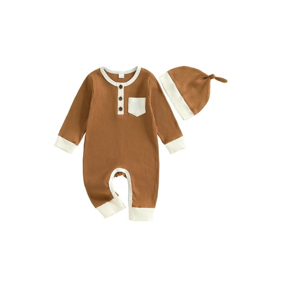 BemeyourBBs Baby Boy Fall Romper Contrast Ribbed Long Sleeve Jumpsuit Hat