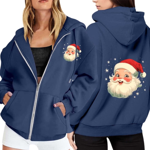 WILLBEST Sudadera de Mujer con Estampado Navideño, Cremallera, Manga Larga, Bolsillo, Cordón Ajustable y Capucha Informal XXX-Grande