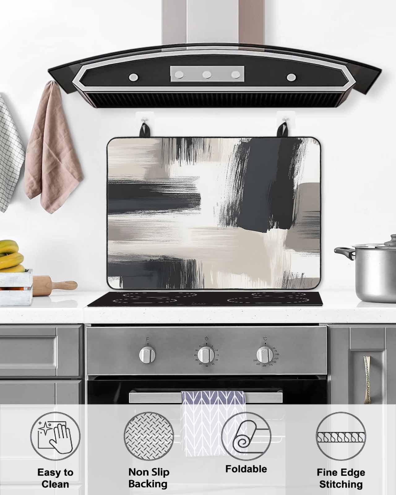 nqOlkjepod Large Induction Cooktop Protector Mat 24"x21", Black Grey Stove Top Covers for Electric Stove, Geometric Vintage Retro Oil Painting Stove Burner Cover Mats, Glass Top Stove Cover