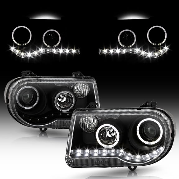 Black 2005-2010 Chrysler 300C LED Halo Projector Headlights Headlamps Left Right