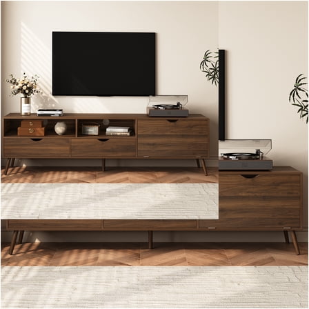 JERFIT Mid Century Modern TV Stand for TVs Up to 80 Inch, Entertainment Center with 2 Drawers, Drop-Down Door, Storage Cabinet, Natural Wood Grain Media Console for Living Room, Bedroom