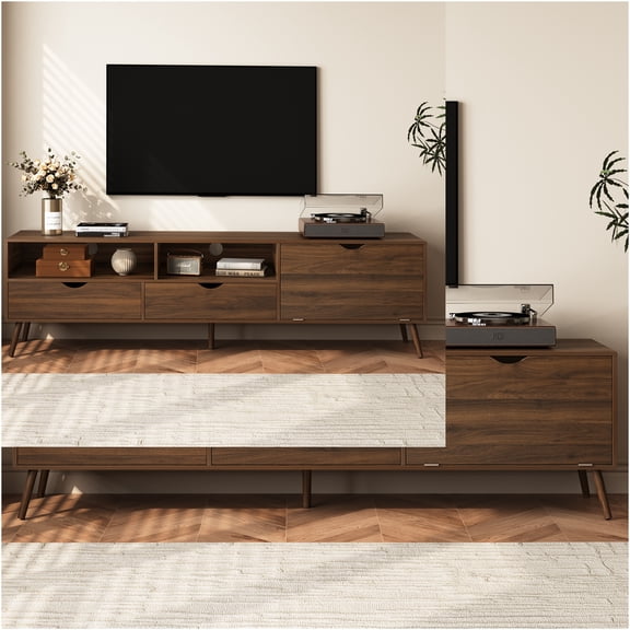 JERFIT Mid Century Modern TV Stand for TVs Up to 80 Inch, Entertainment Center with 2 Drawers, Drop-Down Door, Storage Cabinet, Natural Wood Grain Media Console for Living Room, Bedroom