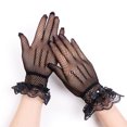 thumbnail image 4 of NUZYZ 1 Pair Women Prom Gloves See-through Lace Bow Faux Pearl Decor Hollow Out Fishnet Ruffle Edge Thin Full Finger Performances Bride Wedding Gloves,Red, 4 of 7