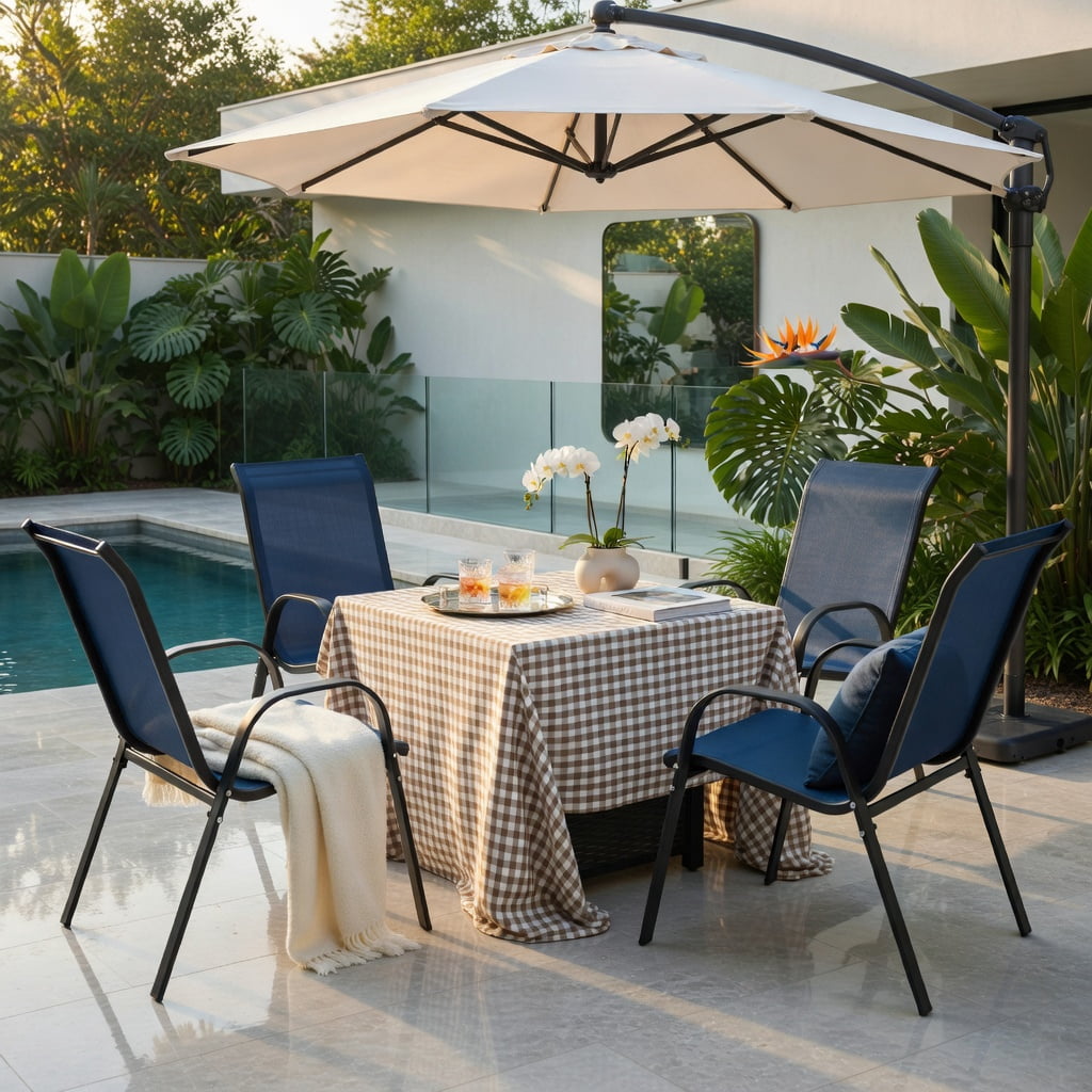 Hommoo 2-Pack Stackable Outdoor Dining Chairs with Armrests, Fabric, Grey Steel Frame, Ergonomic Patio Seating for Backyard, Deck & Balcony, Navy