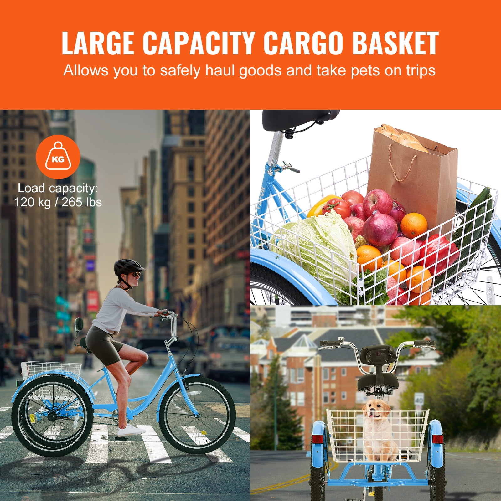 KFFKFF Adult Three-Wheel Bicycle 1 Speed 20/24/26 Inch Tricycles, Trike with Carbon Steel Frame, Includes Basket & Adjustable Seat, Ideal for Picnic & Shopping, Suitable for Seniors, Women, Men