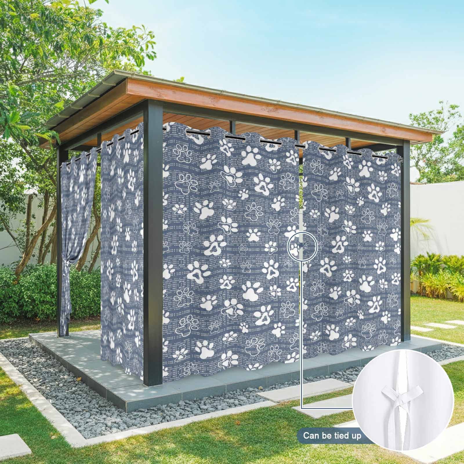 Navy Blue Paw Print Outdoor Curtains for Patio, Modern Classic Blue White Animal Large Paw Pattern Plaid Sunshade Privacy Drapes Grommet Waterproof Outside Curtains for Porch 54"x108", 1 Panel